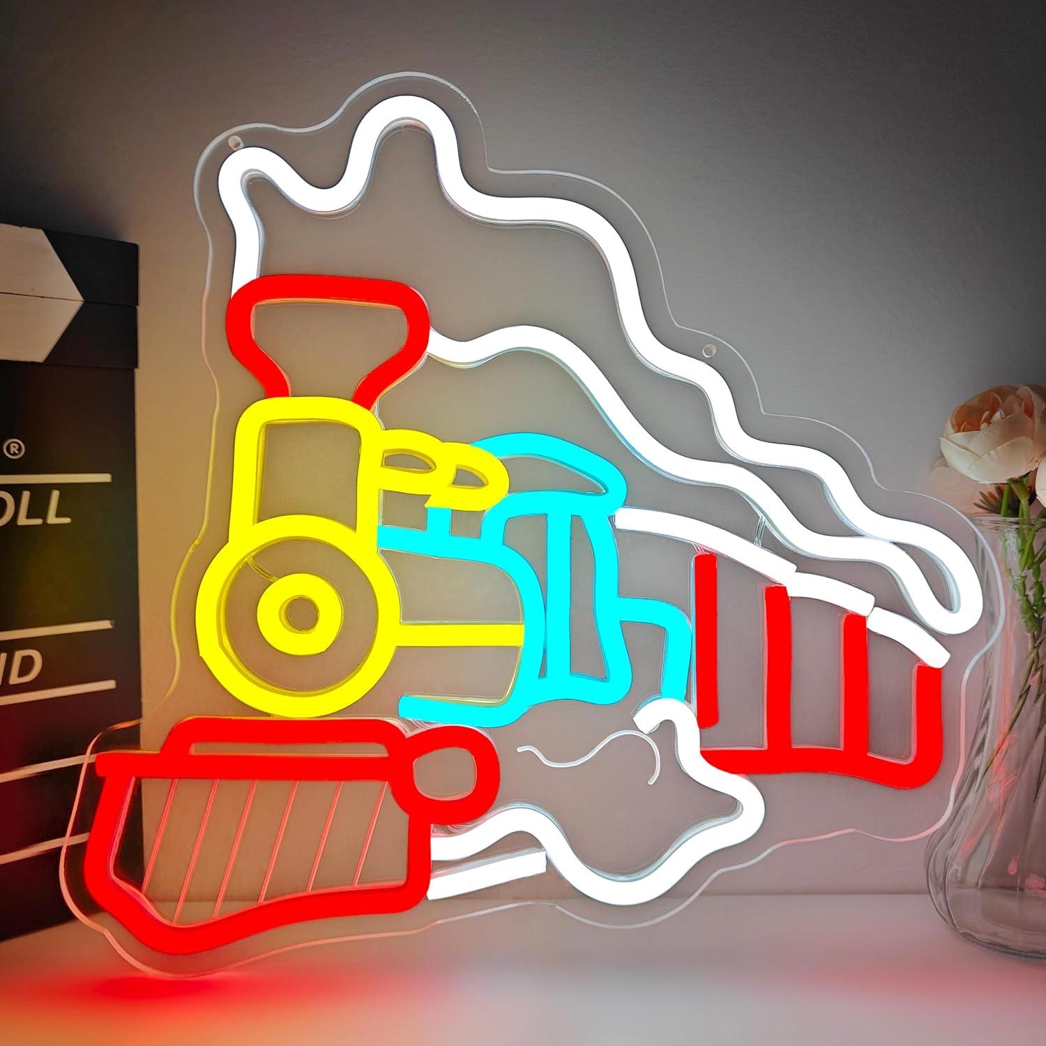 Party Games Steam - ป้ายไฟนีออนรูปทรงรถไฟไอน้ำ ไฟ LED ปรับความสว่างได้ผ่าน USB สำหรับตกแต่งห้องนอนเด็กผู้ชาย